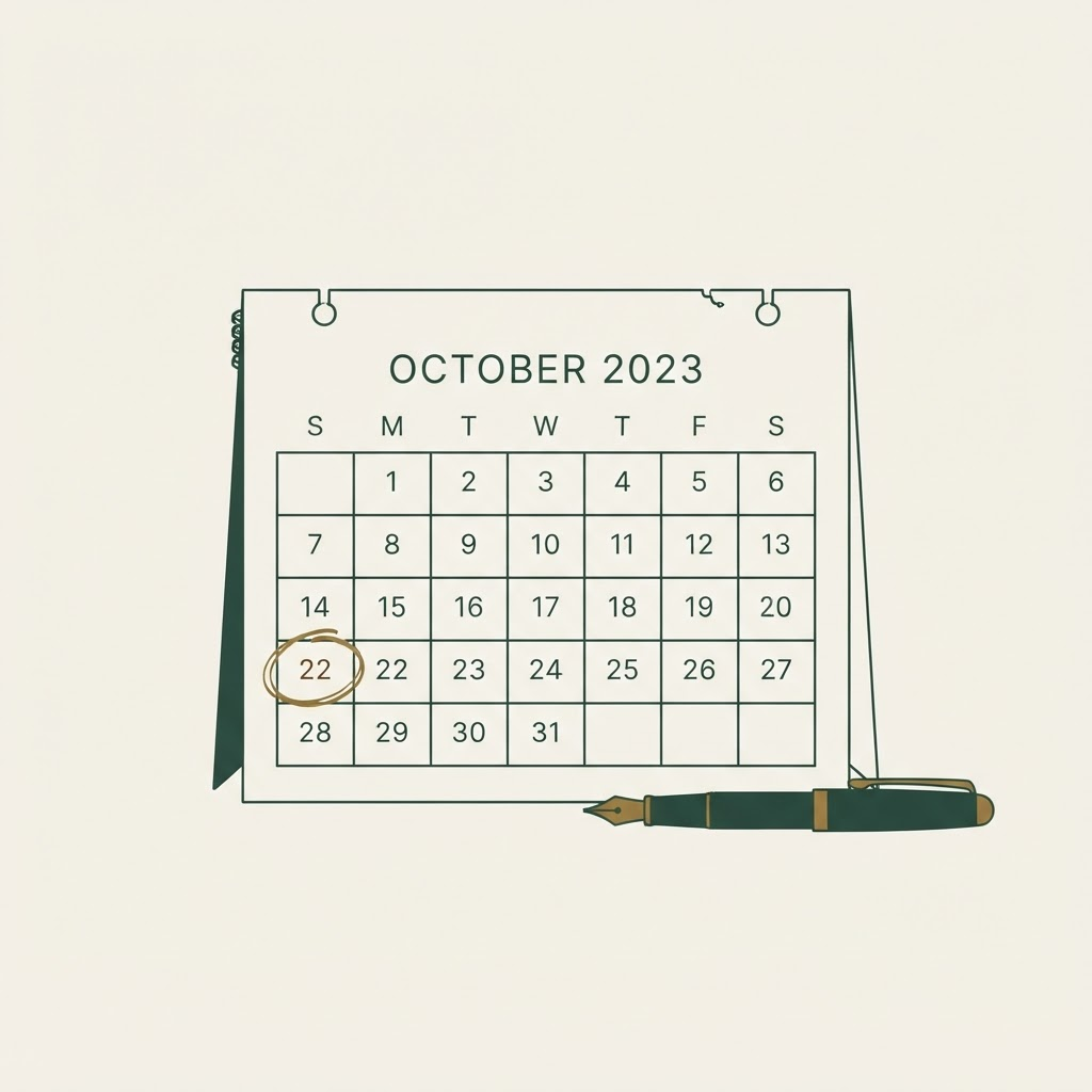 A desk calendar page with one date circled and a fountain pen resting beside it, drawn in plain ink linework