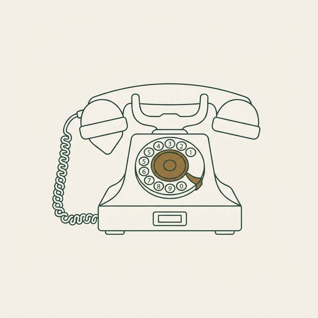 An old telephone receiver resting untouched on its cradle, drawn in plain ink linework